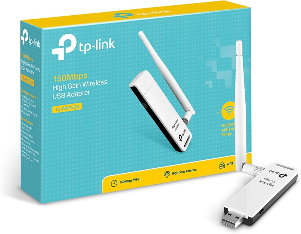 TP-LINK Adaptador USB inalámbrico de alta ganancia N 150 Mbps 2.4 GHz con 1 antena desmontable de 4dBi, TL-WN722N