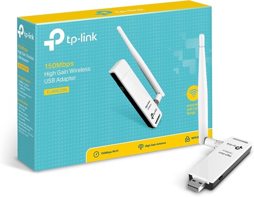 [TL-WN722N] TP-LINK Adaptador USB inalámbrico de alta ganancia N 150 Mbps 2.4 GHz con 1 antena desmontable de 4dBi, TL-WN722N